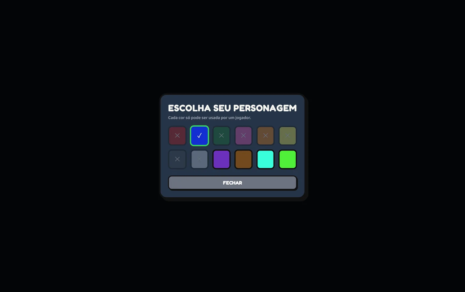 Grade de doze cores de personagem, com as já tomadas marcadas como indisponíveis.