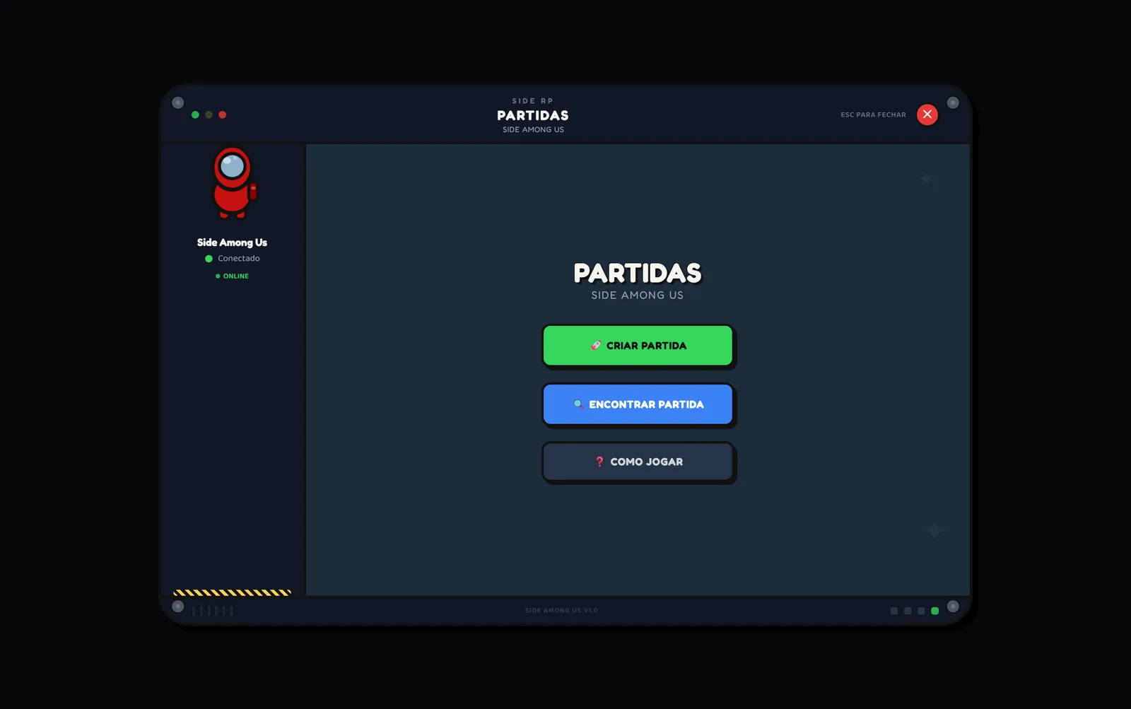 Tela de salas do modo de jogo, listando partidas abertas, mapa, número de jogadores e quantidade de impostores.