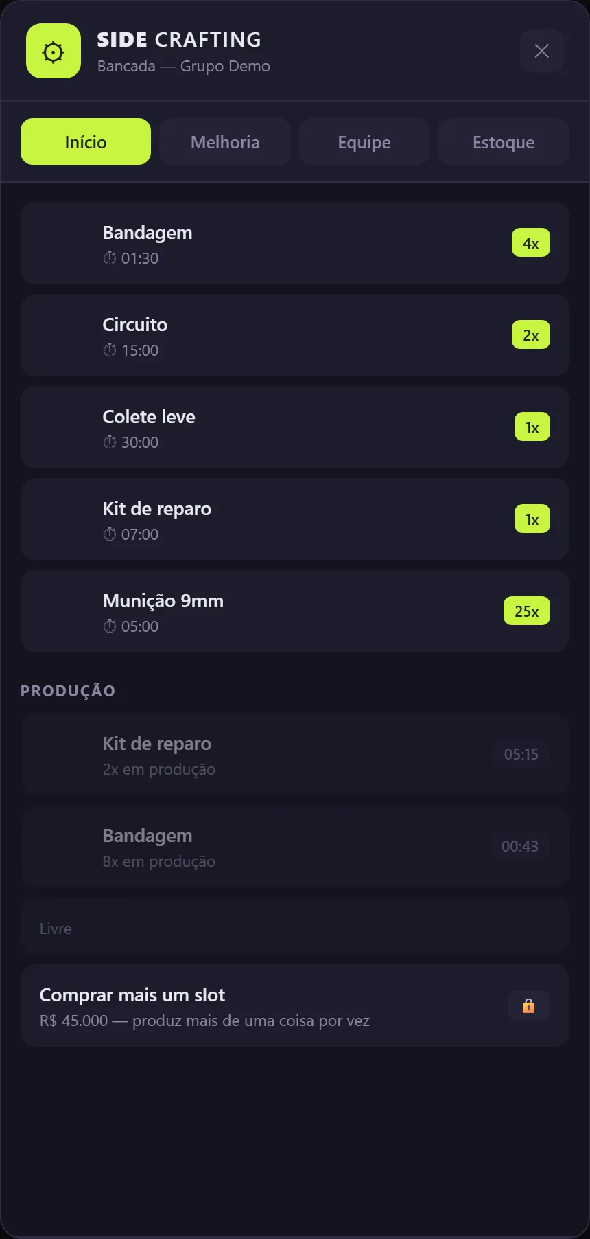 Painel da bancada com a lista de receitas disponíveis, tempo e rendimento de cada uma, e a fila de produção com dois itens em andamento e um slot livre.